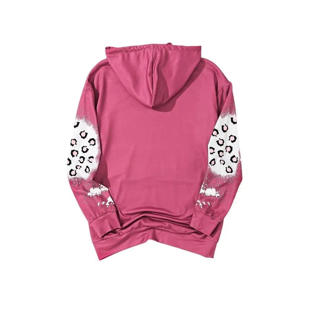 Rose Leopard Bleached Long Sleeve Hoodie with Pocket New Sizes S,L, XL